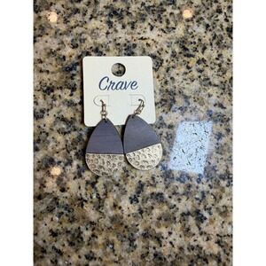 Crave Teardrop Earrings Wood and Hammered Gold Tone Dangle French Hook‎ Boho New